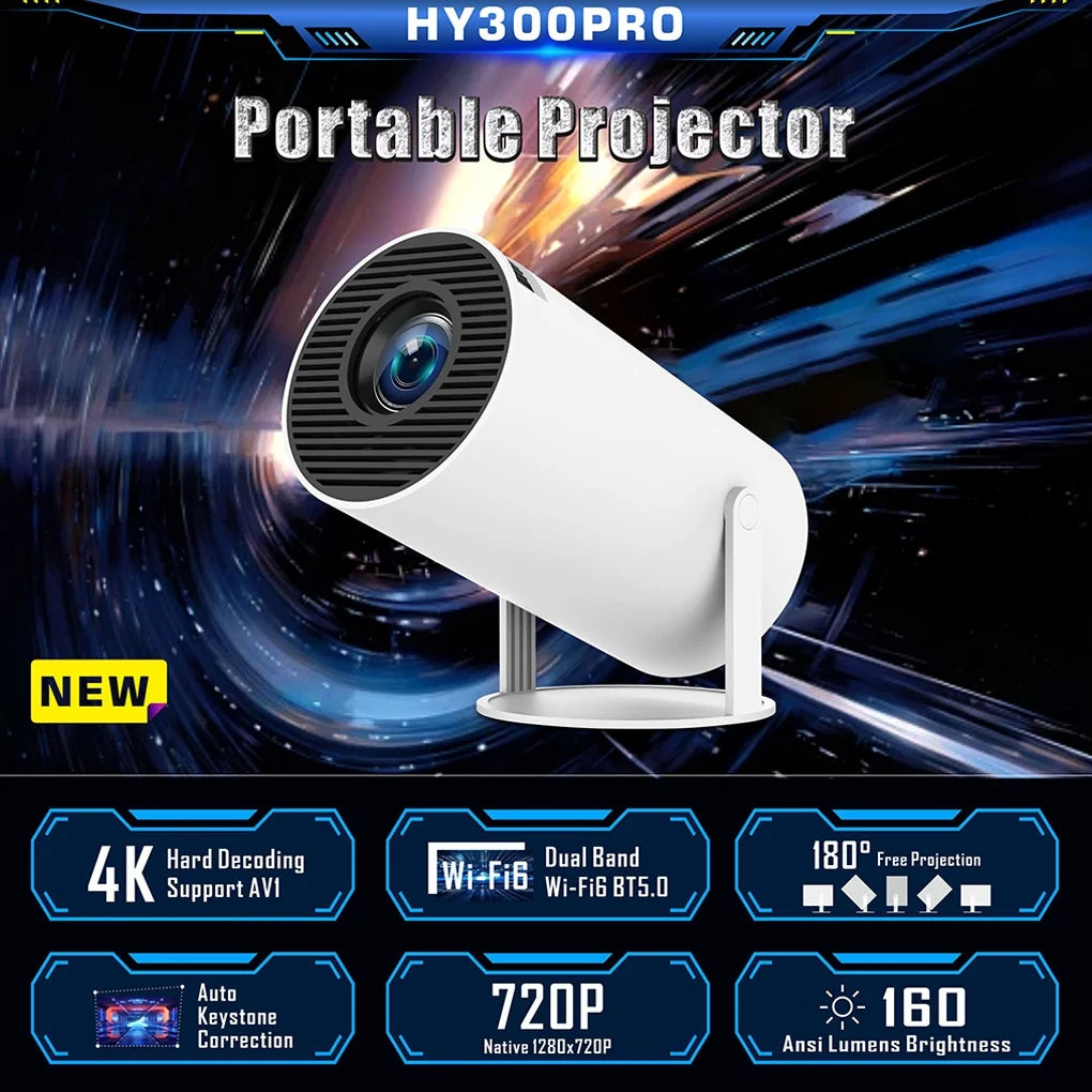 Mini Projector,Hy300 Pro Smart Projector,4K Projector with Wifi 6 and Bluetooth 5,Portable Projector with Android 11, Automatic Keystone Correction,180 Degree,130 Inch Display